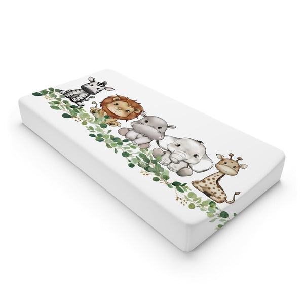 Baby Safari Animals Changing Pad Cover, Cute Lion Elephant Giraffe Zebra, 32"x16" Green Eucalyptus Leaves