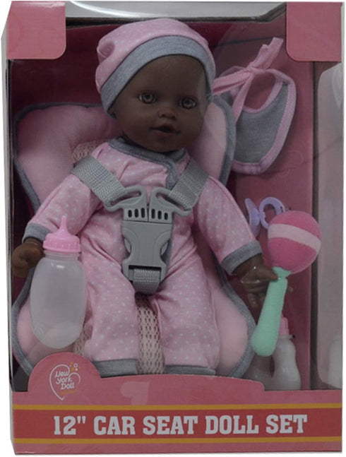 African American Doll Travel PlaySet - Baby Doll Car Seat Carrier Backpack with 12 Inch Soft Body Doll & Accessories