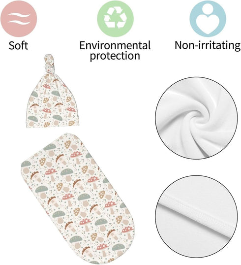 Broiteid Set,Baby Mushroom Cartoon Baby Stuff Newborn Swaddle Blanket with Beanie Hat and Headband Swaddle Blanket