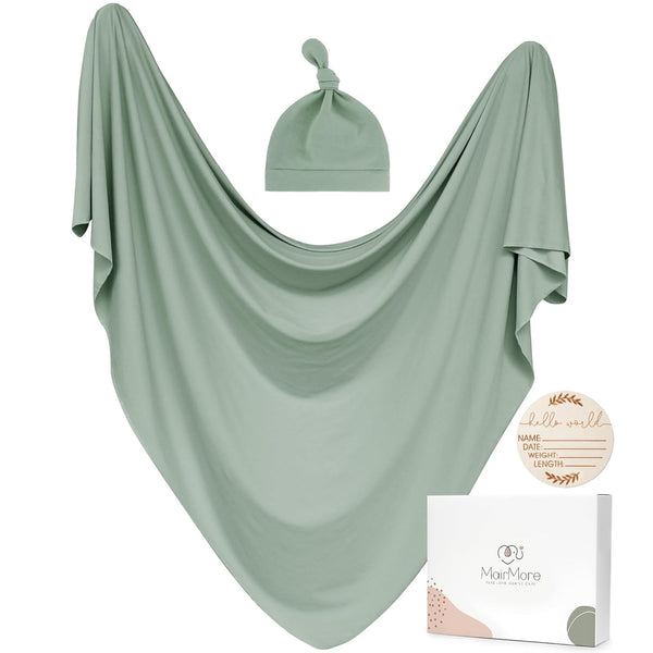 Baby Swaddle Receiving Blankets with Matching Beanie Set, Newborn Nursery Wrap for Baby Girls and Boys (Green)