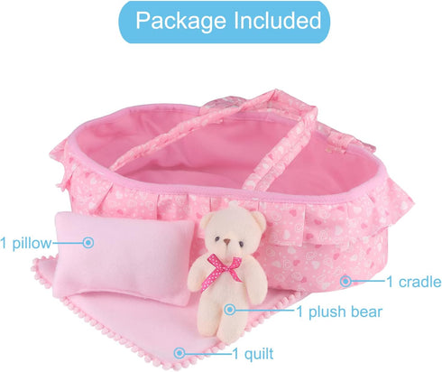 Baby Doll Cradle Bassinet, Portable Doll Carrier with Soft Pillow and Quilt for Smaller Dolls
