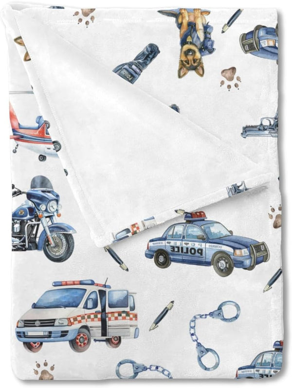Police Vehicles Watercolor Baby Blanket for Boys, Car Motorcycle Helicopter Flannel Swaddle 30x40