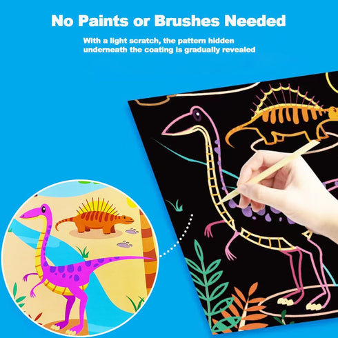JUNQIU Scratch Art Paper Set for Kids, Dinosaurs Black Rainbow DIY Activity & Party Games, Gifts for Ages 3-8