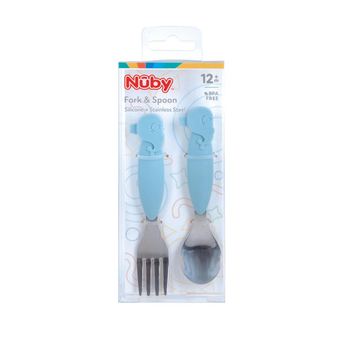 Nuby Animal Friends Silicone and Stainless Steel Fork and Spoon Set for 12+ Months, Blue Whale Design