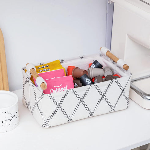 Decorative Rectangular Fabric Storage Bin Organizer Basket with Wooden Handles for Clothes, 12.6x8.7x4.7 inch, White