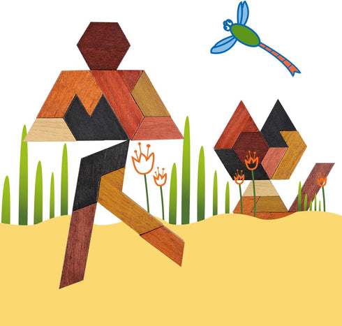 KINGOU Hexagon Tangram Puzzle, Wooden Brain Puzzles for Kids & Adults, Challenge Wooden Brain Teasers