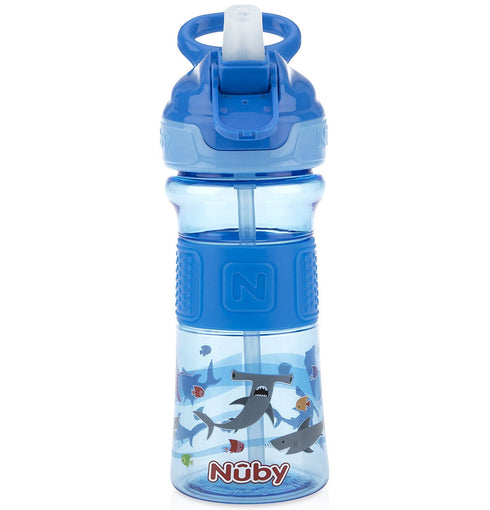 Nuby Thirsty Kids Push Button Flip-it Soft Spout Water Bottle, Easy Grip Band, Blue Sharks, 12 Oz