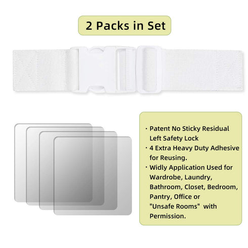 Child Proof Door Lock Latch with Adjustable Strap for Cat Room, 2 Packs, Reusable Baby Safety Lock, White
