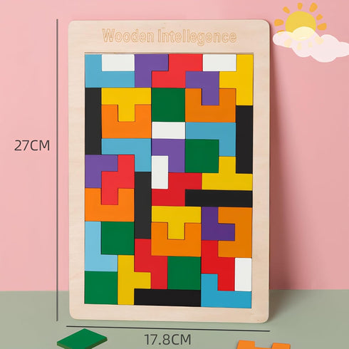 GEKELI 4 Pack Wooden Blocks Puzzles, Russian Blocks, Hexagon Puzzles, Tangrams Puzzles, Board Tic Tac Toe Game, Brain