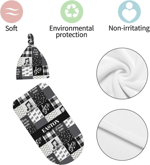 Munific Set Custom Baby Swaddle Blanket for Boys Personalized Name Receiving Blankets with Hat for Newborn Infant Baby
