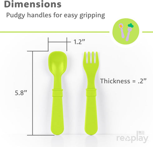 Pack 12 6 6 0.2" Re-Play Made in USA Forks and Spoons, of With Carrying Case - Kids Forks with Rounded Tips and Deep