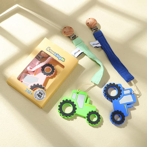 Set 3 Baby Food Grade Silicone Tractor Car Teether Toy with Pacifier Clip Holder,Teething Pain Relief Toys Gift