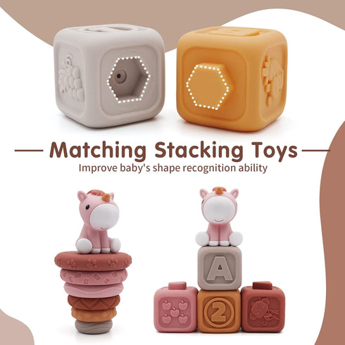 Nueplay 13 Pcs Building Circle & Blocks, Stacking Baby Toys with Horse Figure, Teething Gifts for 6-18 Months