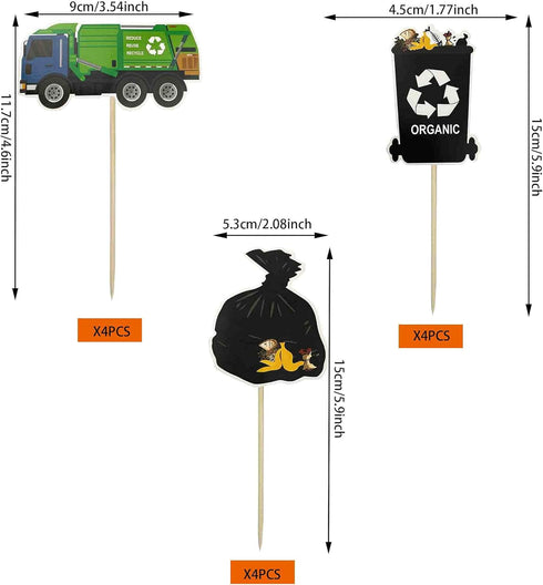 Garbage Truck Birthday Party Supplies, Cupcake Toppers for Trash Waste Management Recycling Party