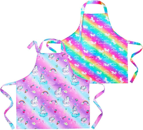 PASHOP 2 Pack Kids Apron: Rainbow Unicorn Aprons with Pockets for Girls Boys, Toddler Apron for Cooking