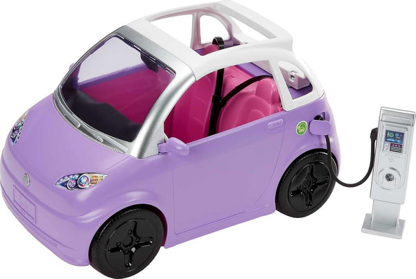 Barbie Doll Accessories, Electric Toy Car with Charging Station, Plug & Sunroof, Purple 2-Seater Convertible