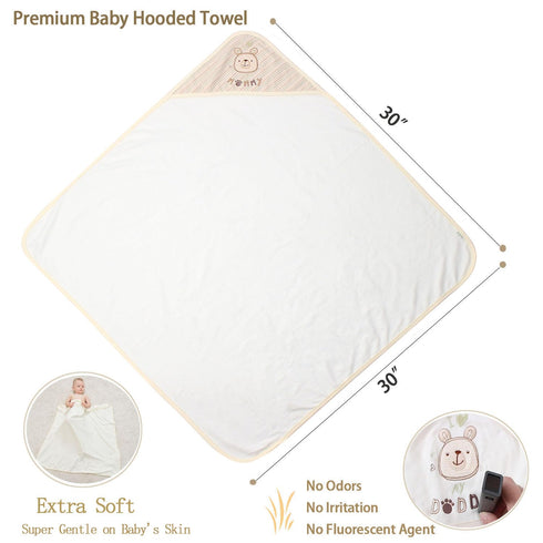6-Pack Set 5 30 30 Inch Organic Cotton Baby Bath - Ultra Soft Embroidered Hooded Towel and Washcloths, Premium Gentle