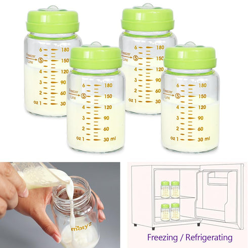 4-Pack 6oz Matyz Glass Breastmilk Storage Bottles, (Green, Each), Wide Mouth Food-Grade Borosilicate, Leakproof
