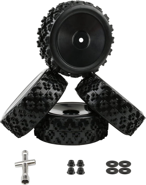 4pcs 1/10 On-Road Wheels and Tires 12mm Hex Black Hard Dish Wheel and Rally Block Tyre for Street Racing Car Kyosho Tamiya Traxxas HPI etc, with Lock Nuts Washers Wrench Replacement Parts