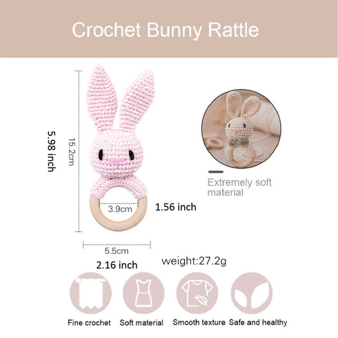 WOODEN TEETHER Crochet Baby Rattle, Crochet Baby Toys, Easter Bunny Rattle, Newborn Animal Rattle ToysKnitted Stuffed