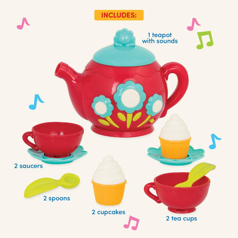 Battat Pretend Play Tea Set with Singing Teapot, Musical Toddler Toys, Cups & Saucers for 3 Years+