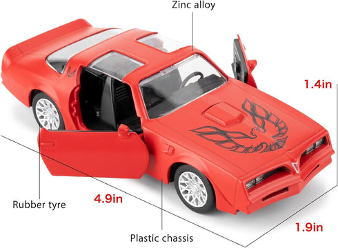 1:36 Compatible Pontiac Firebird Trans Am Toy Car, Diecast Pull Back Model, Doors Open, Gift (Red)