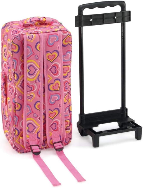 14 Inch Backpack 14" 15" Emily Rose Doll Travel Carrier - Pink Hearts Design with Wheeled Trolley, Removable Bed
