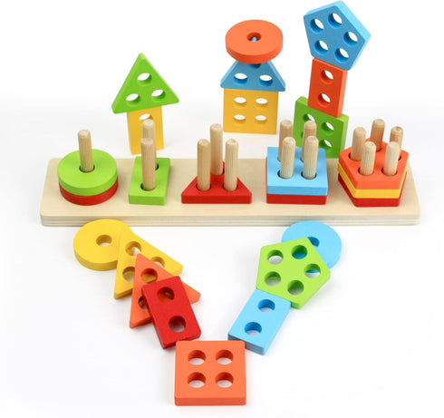 WOOD CITY Wooden Sorting & Stacking Toy, Montessori Shape Sorter for Toddlers, Early Educational Block Puzzles for Kids