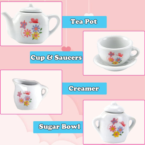 16 Set Playset Piece Rose Flower Miniature Porcelain Ceramic Tea | Kids Toy Mini Pretend Play Kitchen Decorated | Small