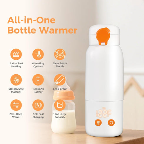 ACABEA 2-Minute 4-Level 12oz Portable Bottle Warmer for Travel, Fast Heating Precise Temperature Control Large Capacity