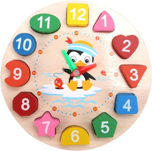 Clock Toy Wooden Teaching Clock, Penguin Pattern Educational Toys for Toddlers Teaching Time Number Puzzle Stacking.