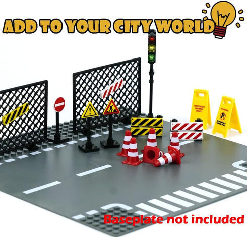Pasacho City Road Signs Bricks Accessories, Mini Traffic Cones & Crosswalk Signal Toys for Kids Building Blocks