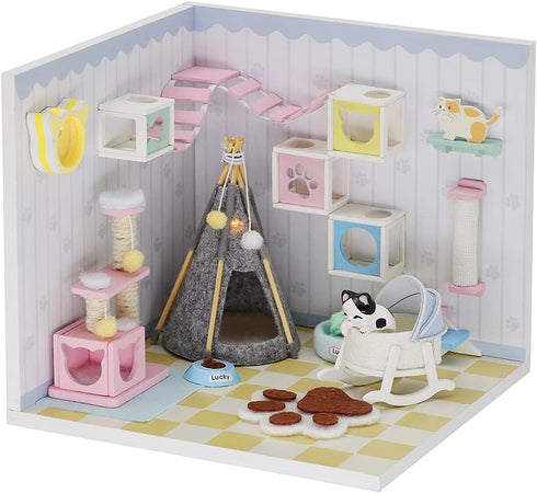 Kisoy Dollhouse Miniature with Furniture Kit, DIY 3D Wooden House Kit with Dust Cover & LED (Pet Room)