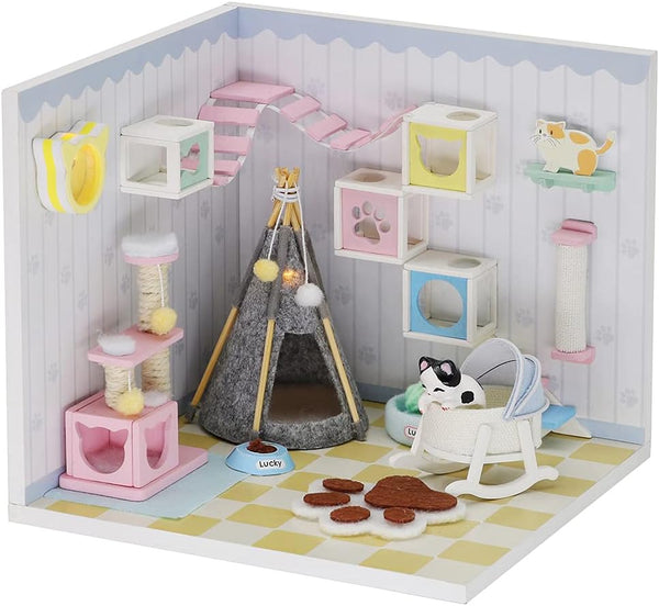 Kisoy Dollhouse Miniature with Furniture Kit, DIY 3D Wooden House Kit with Dust Cover & LED (Pet Room)