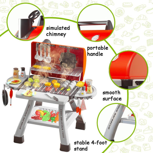 Barbecue Grill Toy Set, Kids BBQ Kitchen Playset with Smoke Sound Light Simulation for Interactive Pretend Play