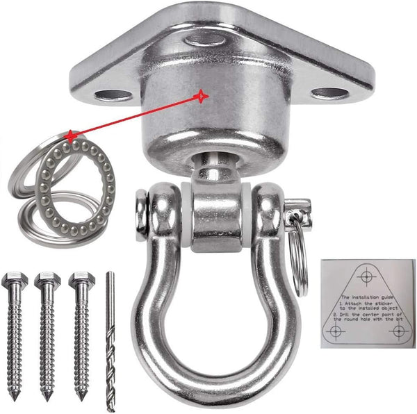 Stainless Steel Hanger with Smooth Swing Bearings - Heavy Duty 180°+360° Swivel Hook, 1500 lb Capacity for Hammock Chair