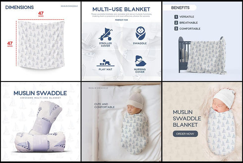 Muslin Swaddle Blanket, Nautical Receiving Blanket, Soft and Breathable, 47" x 47", Wrap for Baby Boys and Girls