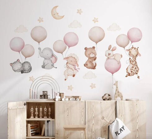 Generic (Set2) Pink Balloons With Baby Animals Wall Decal - Cute Animal Sticker for Nursery Decor - Removable Kids Room