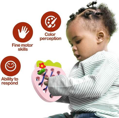 Wooden Lacing Toys for Toddlers, Baby Strawberry Threading Toys for Learning Fine Motor Skills, Montessori Educational