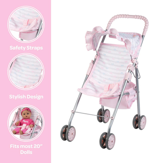 3+ Adora Baby Doll Stroller with Umbrella Shade & Ruffle Trim, Adjustable Sun Cover and Doll Accessory Storage