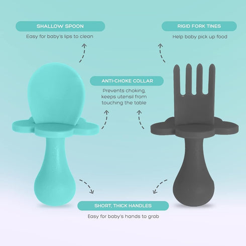 Grabease Baby Spoons - Toddler Utensils, BPA-Free & Phthalate-Free, 2 Sets in Teal and Gray