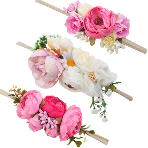 Baby Girl Floral Headbands - 3pcs Handmade Nylon Flower Crown Elastic Hairband, Newborn Toddler Accessories for Girls