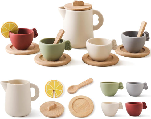 Ikubigu Tea Party Set for Kids, Wooden Tea Set for Little Girls and