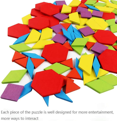 155 Pcs Wooden Pattern Blocks Set, Geometric Shape Puzzle for Kids Ages 4-8 with 24 Pcs Design Cards