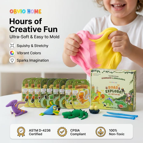 OBVIO HOME 12 Set, Air Dry Clay for Kids - Dinosaur & Jungle Designs Modeling Clay Kit - Model Sculpting Ultra Soft