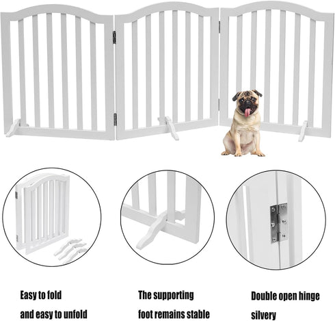 Wooden Dog Gate Foldable Pet Fence, Freestanding Pet Gates for Stairs, 3 Panel 23.6'' Height-White
