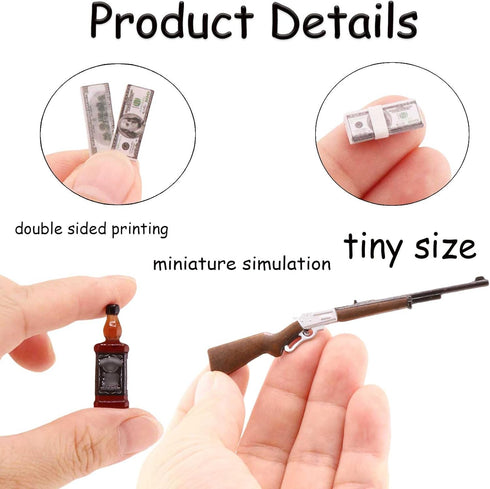 FTYHXP 1 Set 1/12 Miniature Things Scale Dollhouse Accessories Miniature Money Mini Gun Mini Wine Bottle Model for Tiny