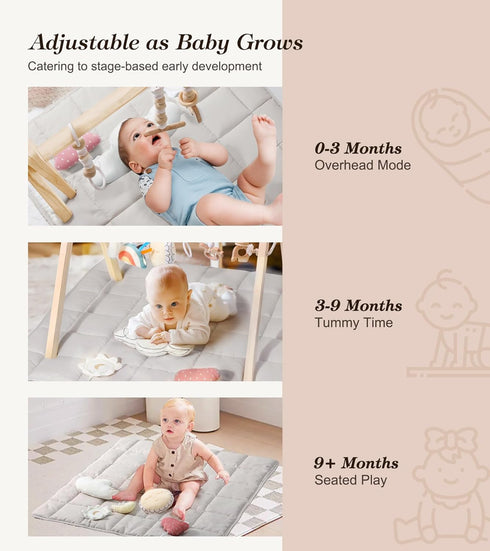 FUNNY SUPPLY 6 Wooden Play Gym with Beige Mat, Foldable Baby Play Gym, Infant Activity Mat with Hanging Toys, Natural