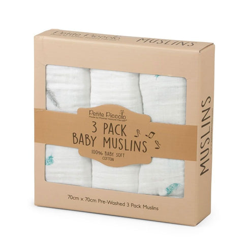 Petite Piccolo 3 Pack Baby Muslins, Multicolored Feathers