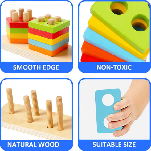 WOOD CITY Wooden Sorting & Stacking Toy, Montessori Shape Sorter for Toddlers, Early Educational Block Puzzles for Kids